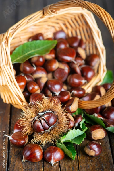 Fototapeta Chestnuts with leaves and burs on a wooden table