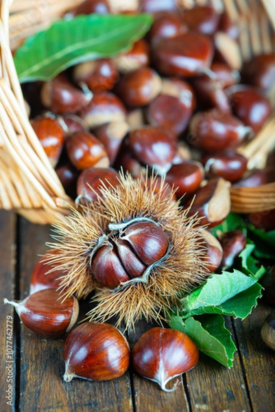 Fototapeta Chestnuts with leaves and burs on a wooden table
