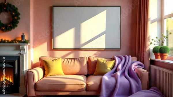 Fototapeta Inviting Scandinavian Home Mockup Featuring Modern Decor, Purple and Orange Elements, and Festive Lights