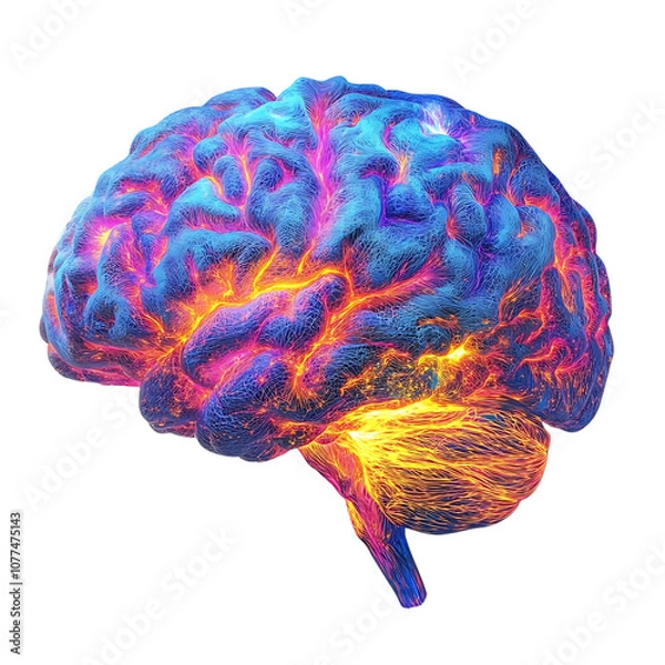 Fototapeta A colorful, glowing brain illustration symbolizing creativity and thought processes in a digital art style.Image on a transparent background, png.