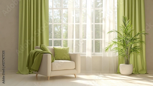 Fototapeta Living room with light green curtains, allowing soft, diffused light to filter into the space