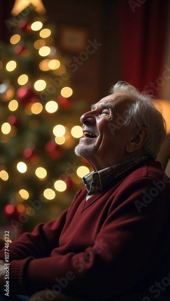 Fototapeta Excited Santa Claus man in Christmas suit sit in armchair with fir tree gifts hold classic black film making clapperboard isolated on red background. Happy New Year celebration merry holiday concept