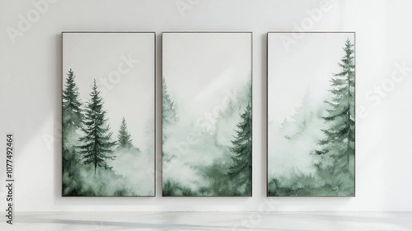 Fototapeta Three-panel artwork depicting misty forest scenery.