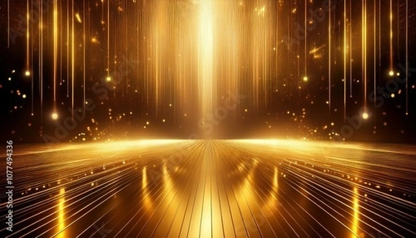 Fototapeta reflected glittering gold stage with spotlight beam for grand opening event