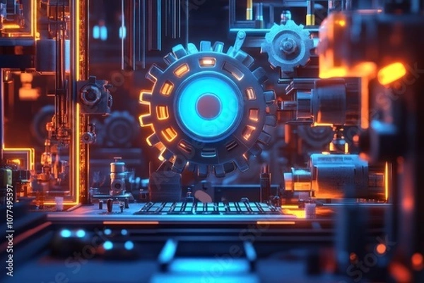 Fototapeta Futuristic industrial scene with a large gear in the center, lit by neon blue and orange lights.