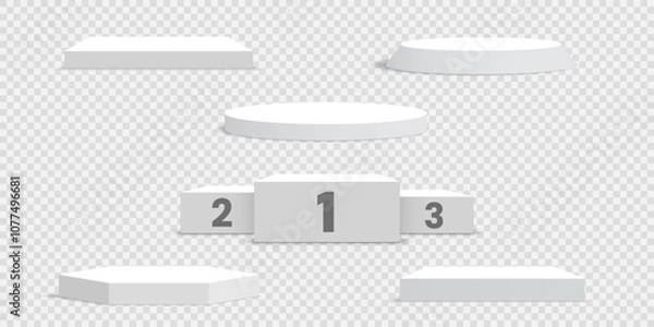 Fototapeta Set of white blank podiums on transparent background. Pedestals. Scene. Vector illustration.