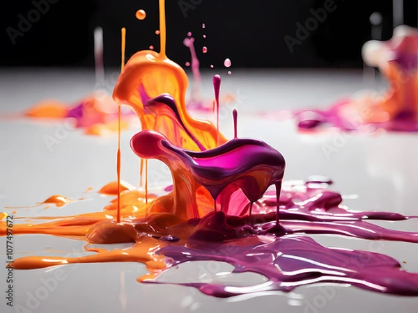 Fototapeta a highly saturated, cinematic close-up photograph of vibrant neon paint blots scattered randomly on a pristine white canvas, with the paint's smooth, glossy texture and subtle sheen visible
