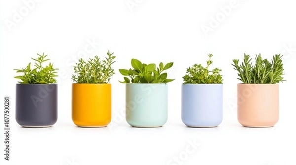 Fototapeta Isolated Collection of Potted Herbs and Green Plants on White Background Featuring a Range of Colorful Pots and Lush Foliage for Nature and Home Decor Inspiration