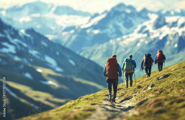 Fototapeta A mountain landscape with a group of people hiking on a mountain trail, captured with a shallow depth of field from a distance.