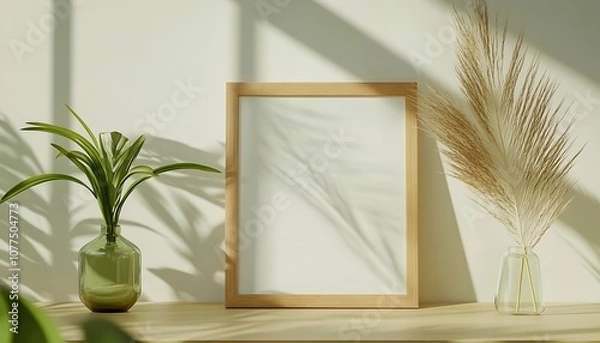 Fototapeta A minimalist display featuring a blank frame, a plant, and dried grass in a sunlit setting.