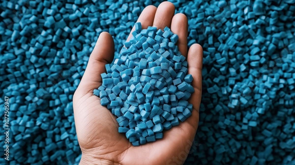 Fototapeta Close-up of a hand holding blue plastic polymer granules, with a background full of similar granules, indicating raw material for manufacturing or recycling.