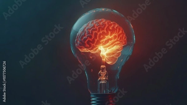 Fototapeta Human brain inside an incandescent light bulb, representing new ideas and creativity, futuristic look, generative ai