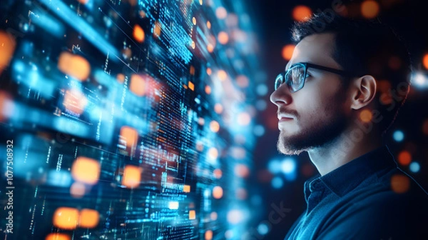 Fototapeta A security engineer troubleshooting a simulated cyber attack in a secure office environment surrounded by complex data screens.