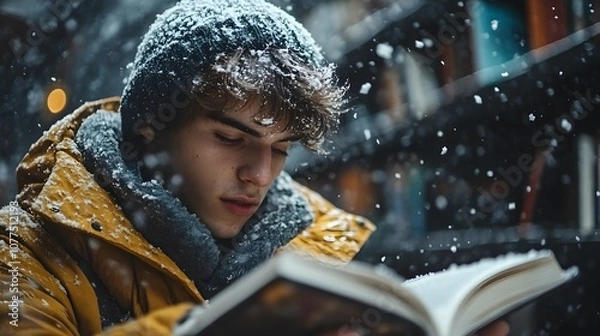 Fototapeta Young Man Reading in the Snow
