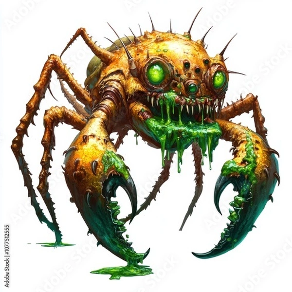 Obraz A monstrous spider-like creature with glowing green eyes and dripping slime.