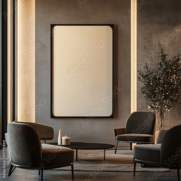 Fototapeta Empty frame mockup in a modern living room, framed by clean architectural lines