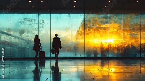 Fototapeta Silhouettes of travelers at an airport during sunset, creating a serene atmosphere.