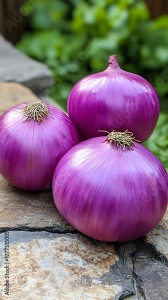 Fototapeta Three purple onions resting on a stone surface with greenery in the background.