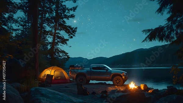 Fototapeta A rugged pickup truck parked at a lakeside campsite with camping gear a campfire and a tent set up nearby under the stars.