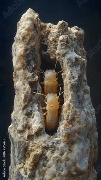 Fototapeta Two pale insects emerging from a crevice in a textured rock formation.
