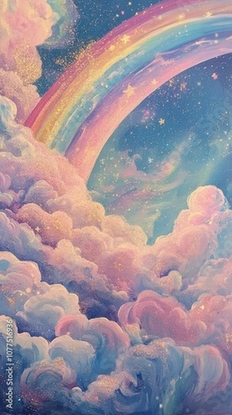 Fototapeta Bright rainbow shines over sparkling clouds in fantasy sky