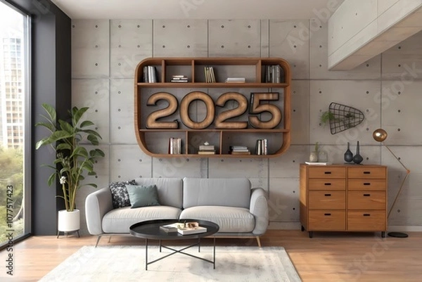 Fototapeta Stylish Living Room With a Concrete Accent Wall, Wooden Shelves, and Minimalist Decor, Prominently Displaying the Year 2025