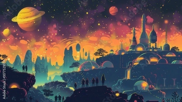 Fototapeta Vector graphic of children on a cosmic road trip across the galaxy, visiting planetary landmarks and encountering alien cultures