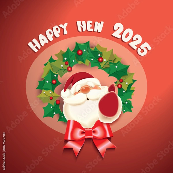 Fototapeta Santa Claus toasted with beer mug, Christmas wreath, Happy New Year 2025 celebrate concept