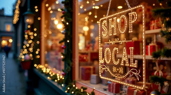 Fototapeta Christmas themed shop window featuring Shop Local sign with festive lights and holiday decor, promoting small business support. Shopping, sale, retail, promotion concept