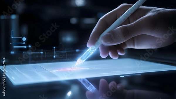 Fototapeta A virtual document with an animated signature line completed by a stylus in real-time simulating the digital signing process.