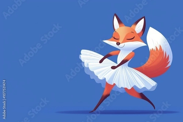Obraz A cheerful cartoon fox in a white tutu performs a graceful dance on a vibrant blue background, showcasing elegance and joy