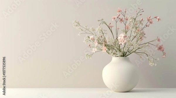 Fototapeta 3D render of a sleek vase with flowers, in soft hues against a light background, ideal for minimalist and elegant decor