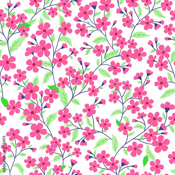 Fototapeta vector seamless hand drawn gentle naive floral pattern, fantasy wild flowers, colorful summer mood, romantic flower background allover print
