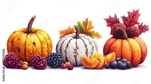 Fototapeta Three pumpkins surrounded by grapes and assorted fruits on a crisp white background, evoking a festive autumn harvest theme.