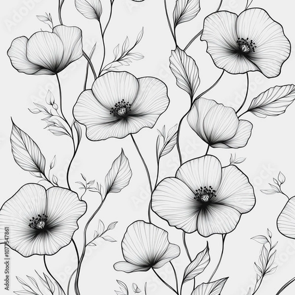 Fototapeta Elegant Outline Floral Pattern Featuring Delicate Poppies and Leaves on a Soft Gray Background for Backgrounds, Textiles, and Wallpapers