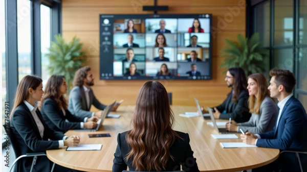 Fototapeta A diverse group of professionals in a conference room engaged in a virtual meeting, with a large screen displaying remote participants. For themes of collaboration, remote work, and corporate culture