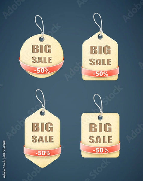 Fototapeta set of big sale paper labels with red ribbon