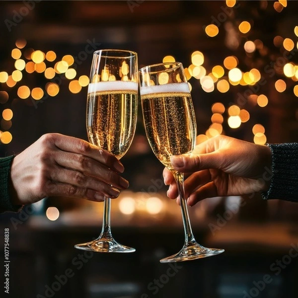 Fototapeta Two hands clink glasses of champagne in a warm, festive setting with sparkling lights in the background.