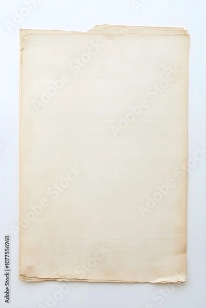 Fototapeta A flat faded piece of old paper on a white background with small holes at the top and worn edges showing signs of aging