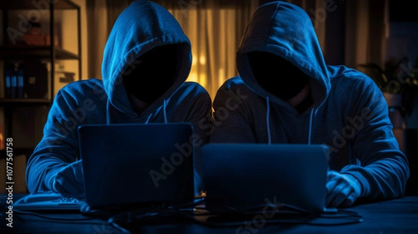 Fototapeta Two people are using a computer to cheat others online. They are committing fraud on social media.