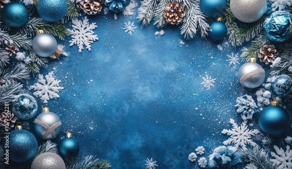 Fototapeta blue christmas background with snowflakes and christmas balls