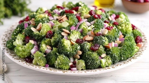 Obraz A platter of broccoli salad with cranberries, almonds, and red onion.