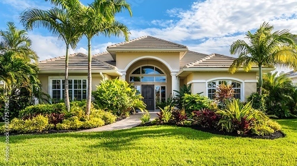 Obraz Facade of a beautiful house with a front garden of palm trees, short grass and tropical plants