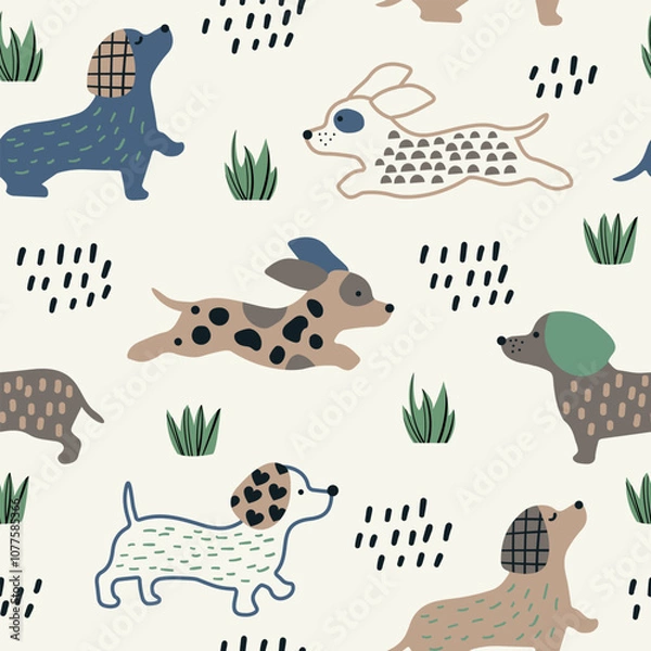 Obraz Cute doodle dogs seamless pattern.	Cartoon Vector background. 