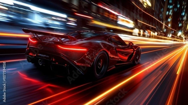 Fototapeta High-energy shot, red car racing, light streaks and blur emphasizing speed, city backdrop