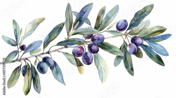 Obraz Watercolor Painting of an Olive Branch with Ripe Olives