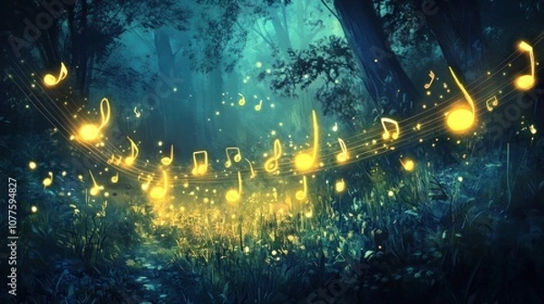 Fototapeta Visualize musical notes as fireflies dancing in the night, each note glowing brightly.