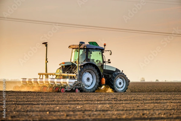 Fototapeta Green tractor seeding soil with planter in agricultural field during golden hour