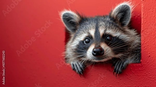 Fototapeta Cute raccoon peeking from a red corner with copy space, real photo