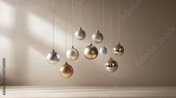 Fototapeta Golden and silver Christmas ornaments in form of ball and stars hanging from the top